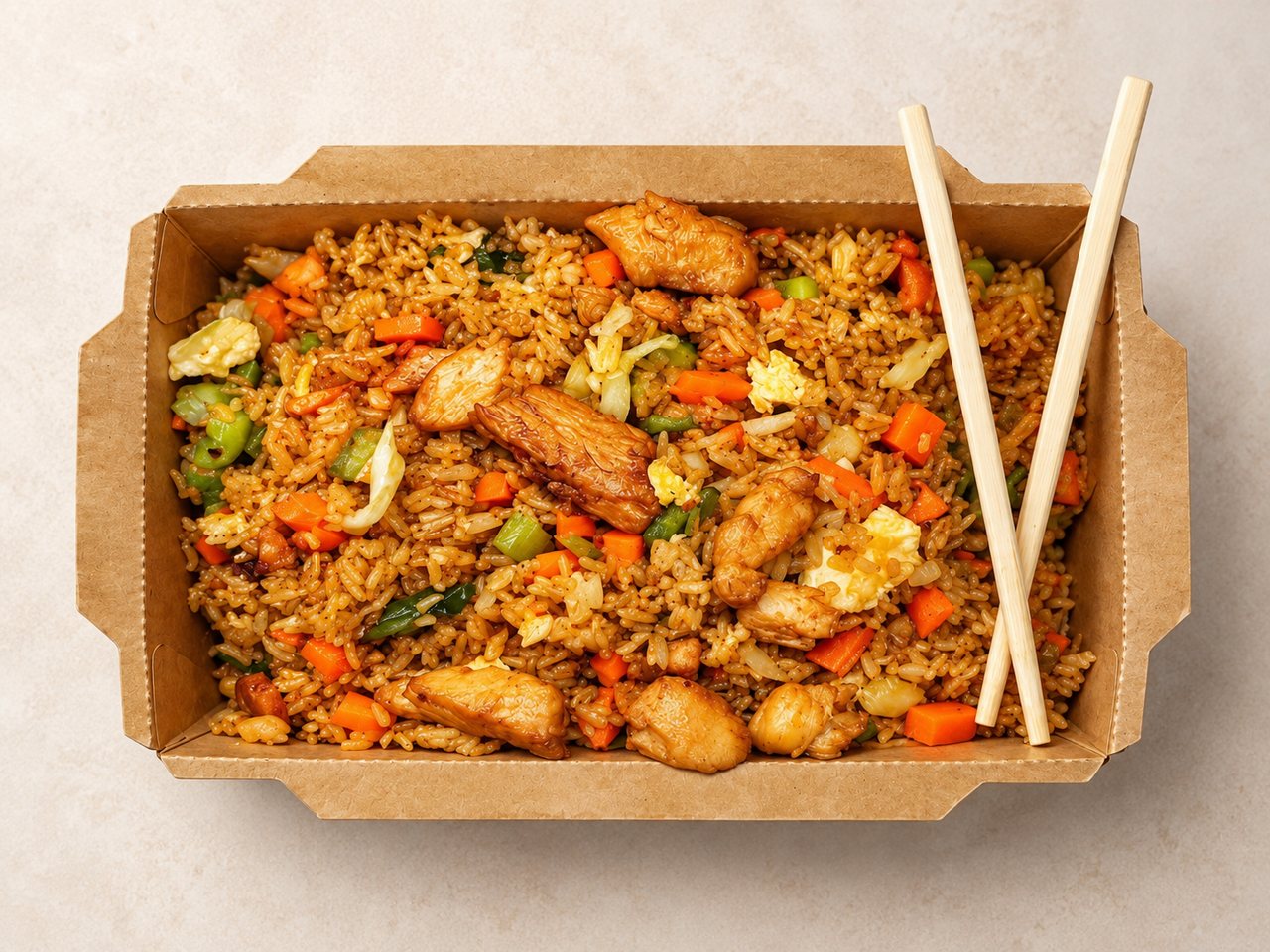 Chicken fried rice in an open kraft takeaway box.