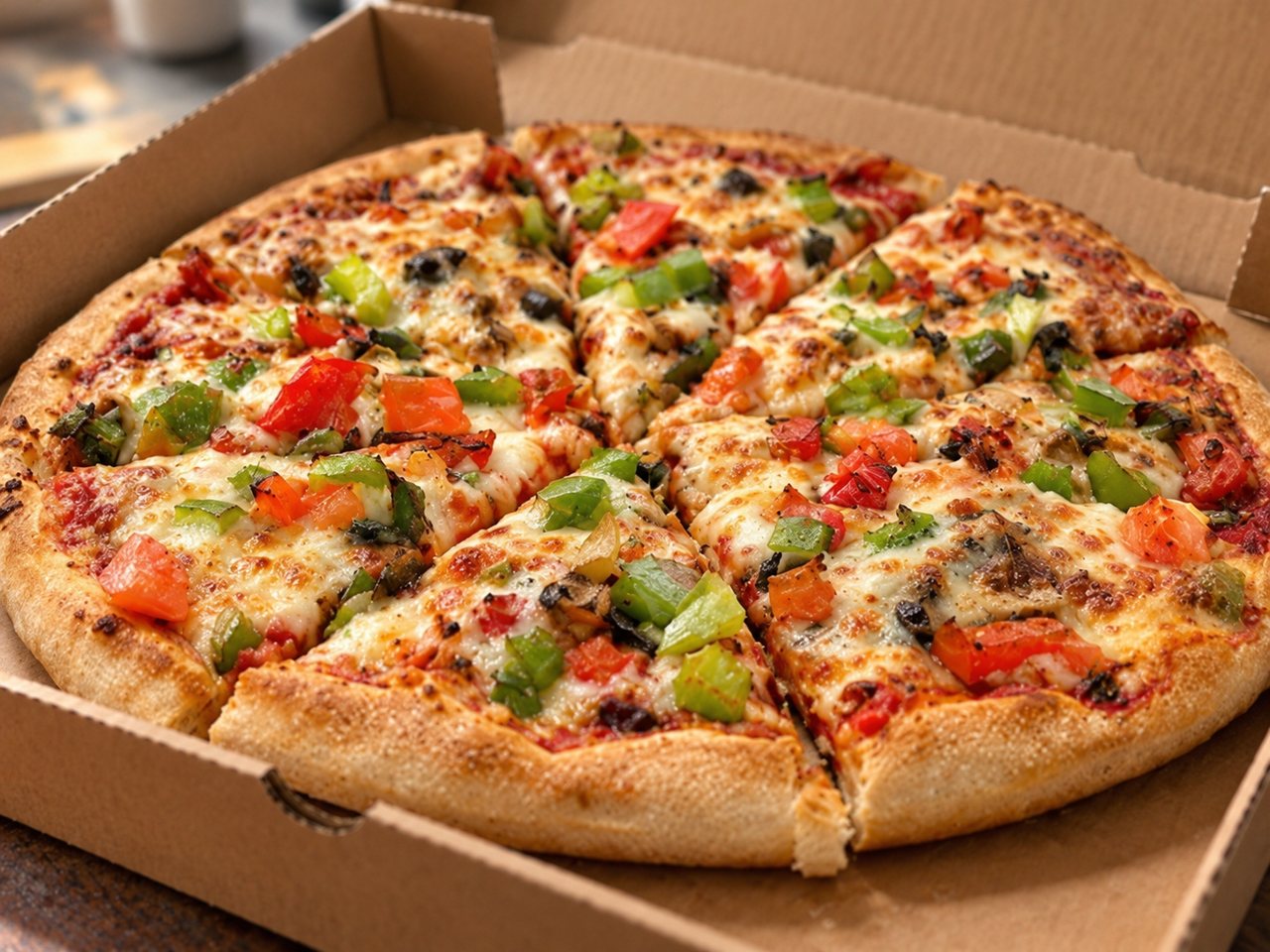 A sliced vegetable pizza presented in an open takeaway box.