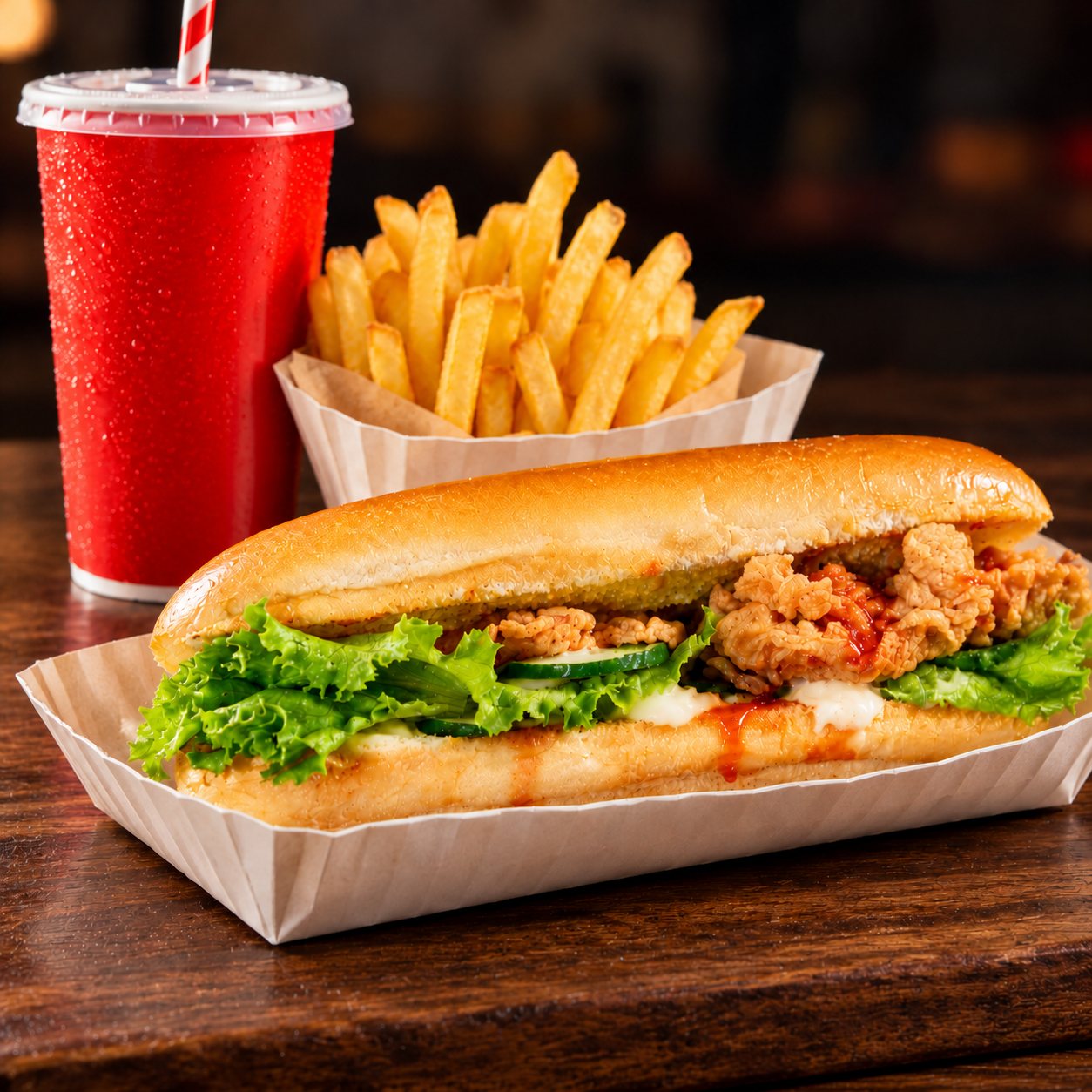 A crispy chicken sub served with fries and a cold drink.