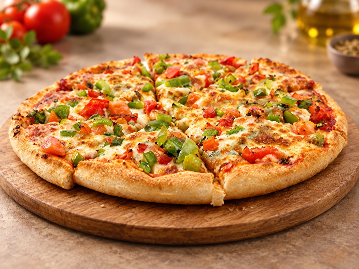 A large vegetable pizza with melted cheese, tomatoes and green capsicum on a wooden board.
