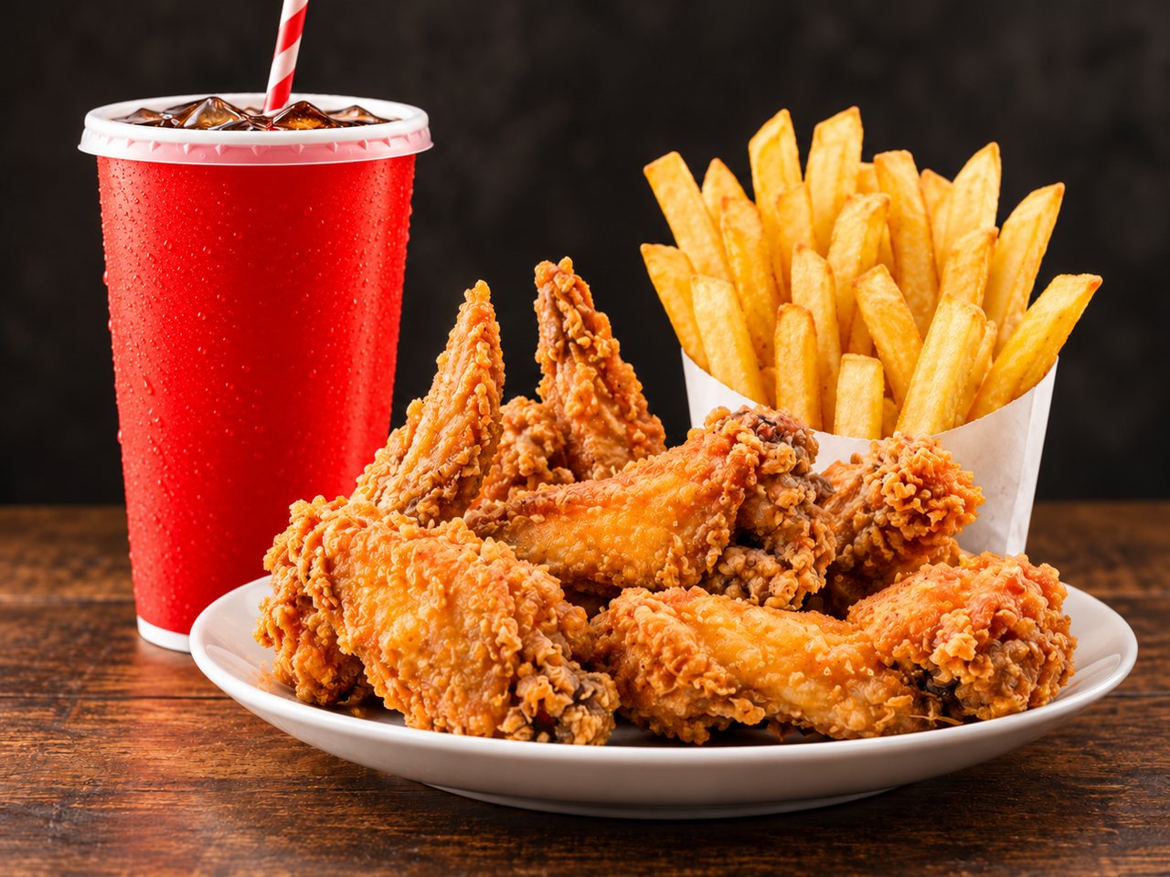 Crispy chicken nibbles served with fries and a cold drink.