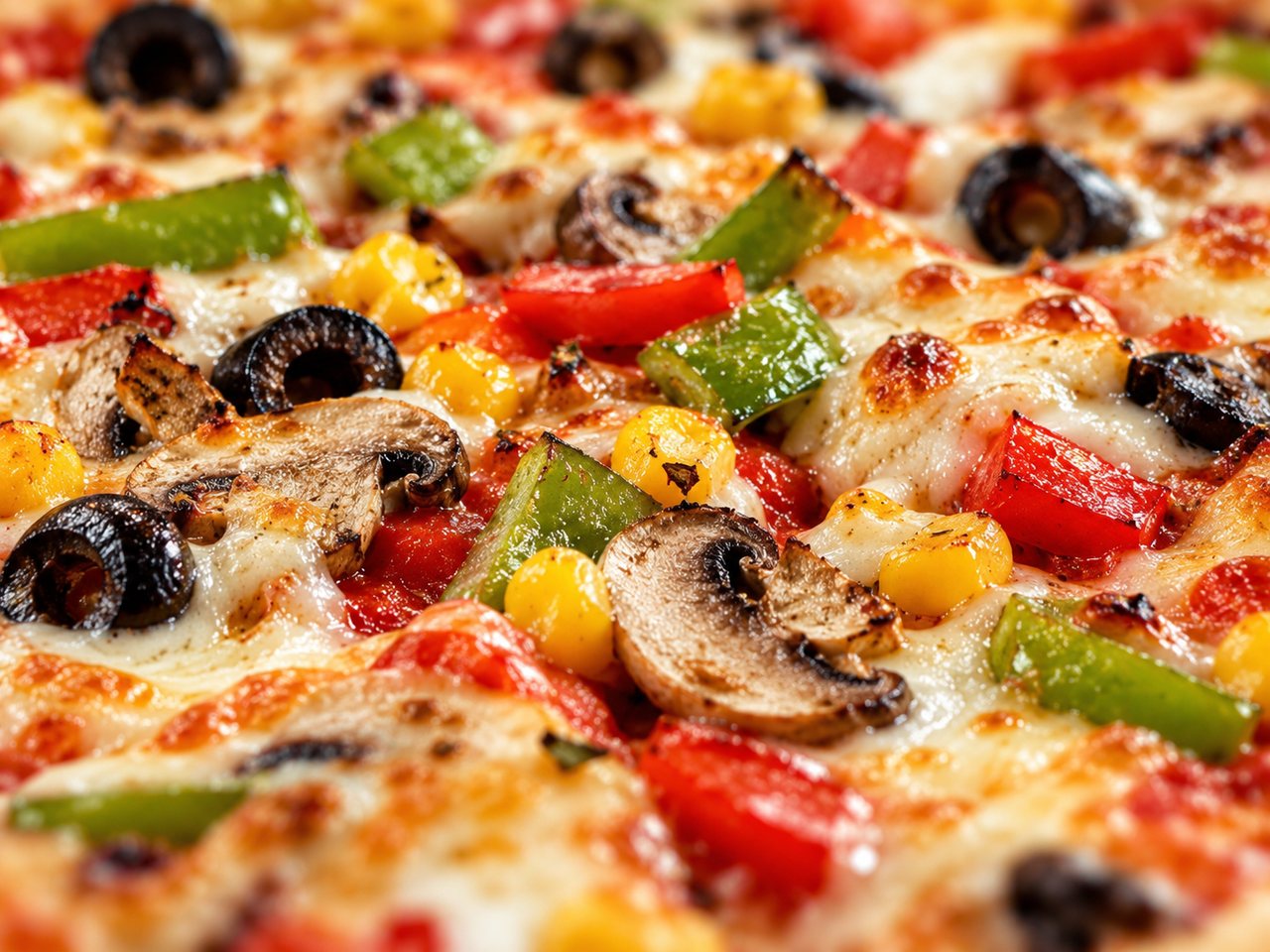 A close view of a vegetable pizza with melted cheese and colourful toppings.