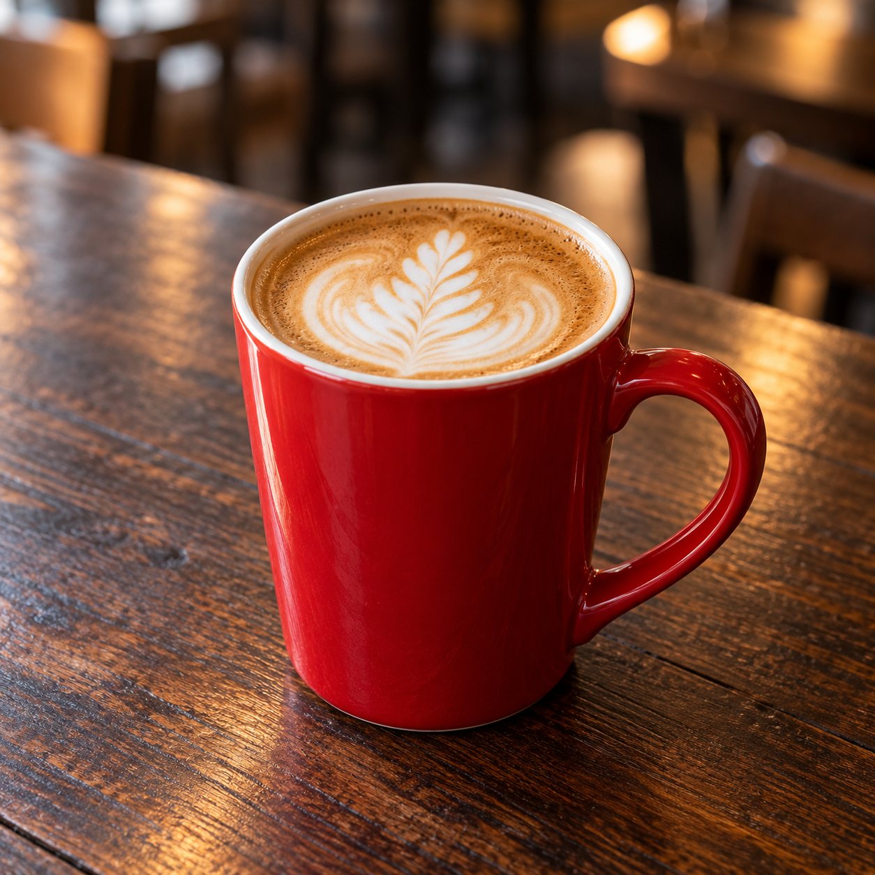 A flat white with latte art in a tall red ceramic mug.